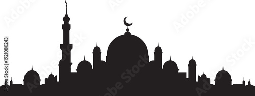 Black silhouette of mosque skyline with domes minarets and crescent moon representing Islamic architecture and cultural design