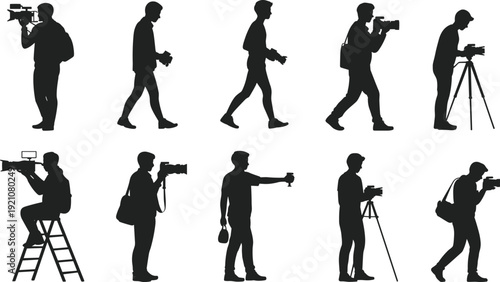 Black silhouette illustration of ten photographers and videographers with cameras, tripods, and equipment, symbolizing media production