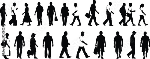 Black vector silhouette set of diverse people walking in a crowd for urban lifestyle community social gathering pedestrian movement and public street branding design