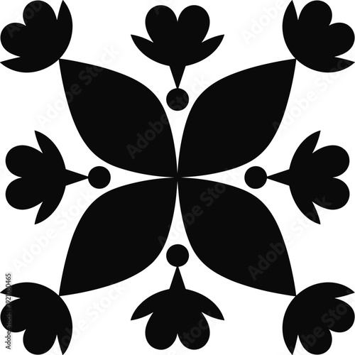 Black symmetrical floral pattern illustration with central petal motif, tulip‑like decorative shapes, geometric repetition