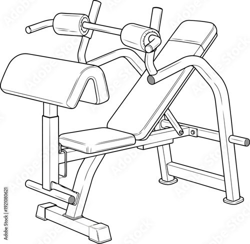 Gym workout equipment bicep curl machine fitness strength training exercise machine line art illustration vector