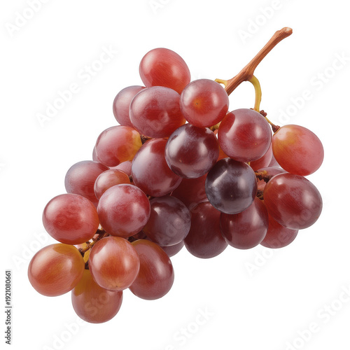 A cluster of ripe red grapes on a stem against a black background