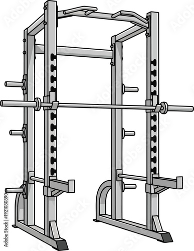 Workout fitness strength training cage gym equipment barbell rack power multi gym vector