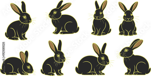 Rabbit silhouettes set flat vector illustration cute bunny poses animal wildlife pet design elements icon branding web print