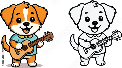 Cartoon dog playing guitar vector illustration featuring colored version and black outline design for children’s activities, coloring books, music themes, and creative artwork