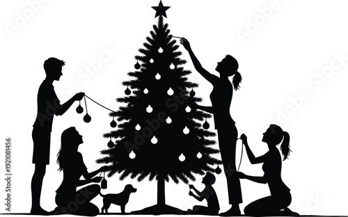 Christmas tree decorating family silhouette vector illustration featuring adults, children, and dog celebrating holiday season together symbolizing festive joy