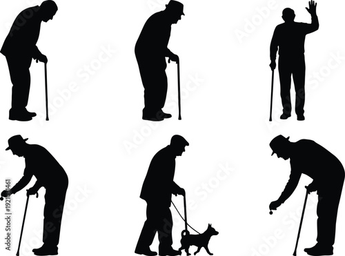 Elderly individuals using various mobility aids for support and assistance in daily activities