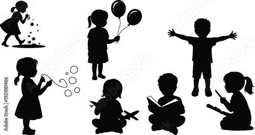 Children activity silhouette vector illustration featuring kids blowing bubbles, holding balloons, reading, writing, and playing symbolizing childhood, creativity, learning, and fun artwork