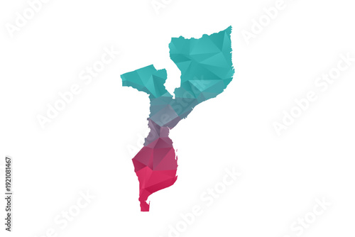 Mozambique Map - Polygon Style Vector Illustration in Teal and Red Gradient, Low Poly Geometric Design, Isolated on White Background for Infographics and Education.