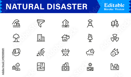 Natural Disaster Risk Management Professional Minimal Line Icon Collection Featuring Earthquake Flood Storm and Hazard Symbols