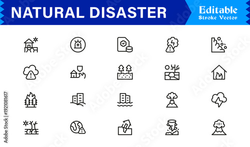 Natural Disaster Risk Management Professional Minimal Line Icon Collection Featuring Earthquake Flood Storm and Hazard Symbols