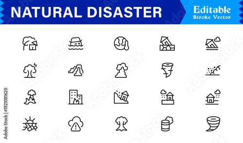 Natural Disaster Risk Management Professional Minimal Line Icon Collection Featuring Earthquake Flood Storm and Hazard Symbols