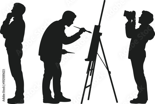 Creative silhouette vector illustration featuring person thinking, artist painting on easel, and observer with binoculars symbolizing imagination, creativity, and exploration artwork design