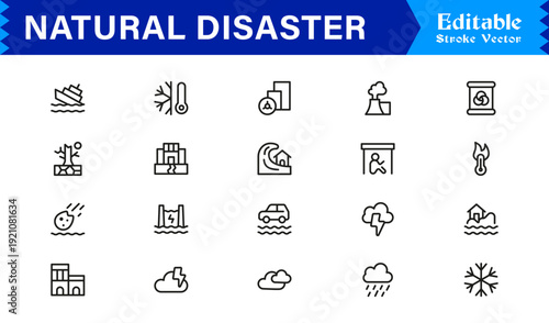 Natural Disaster Risk Management Professional Minimal Line Icon Collection Featuring Earthquake Flood Storm and Hazard Symbols