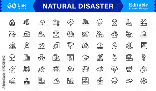 Natural Disaster Risk Management Professional Minimal Line Icon Collection Featuring Earthquake Flood Storm and Hazard Symbols