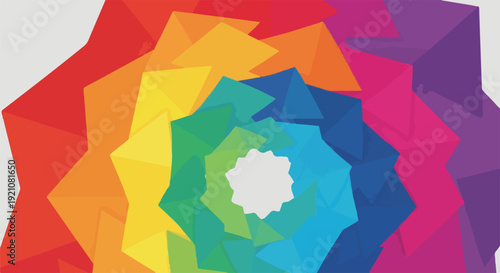 A geometric rainbow spiral composed of layered, angular colored shapes
