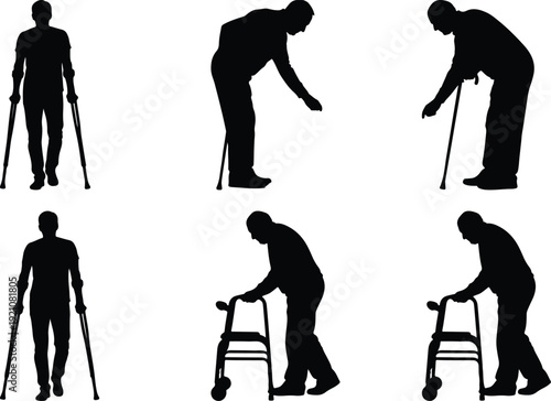 Elderly individuals demonstrating various mobility and support methods