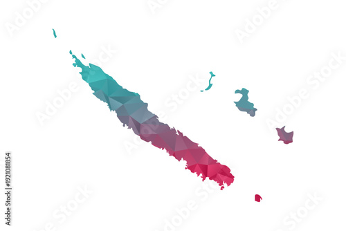 New Caledonia Map - Polygon Style Vector Illustration in Teal and Red Gradient, Low Poly Geometric Design, Isolated on White Background for Infographics and Education.
