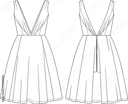CAD drawing flat vector illustration of deep V-neck sleeveless flared dress front and back view, zipper, fitted waist design
