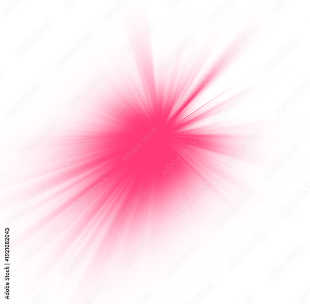 Fototapeta premium A vibrant pink starburst of light radiating outwards with soft, blurred streaks on a neutral light gray background.