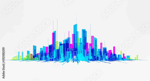 Abstract illustration of a city skyline with colorful digital architecture