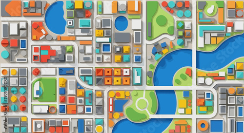 Abstract illustration of a colorful city map with parks and buildings