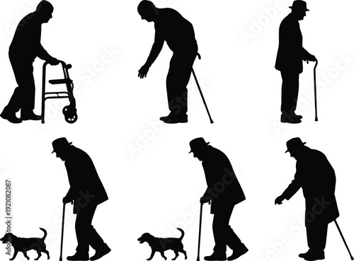 Silhouettes of elderly individuals using mobility aids and a dog for support