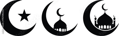 Islamic crescent moon mosque vector set, Ramadan crescent silhouette collection, Arabic moon mosque icon, Islamic symbol illustration pack