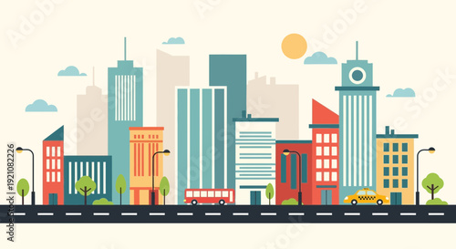 Cityscape illustration with skyscrapers and transportation vehicles on a road