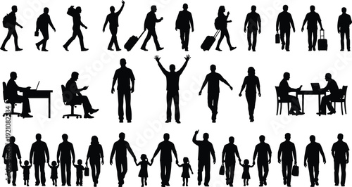 Business people silhouettes set, walking standing office activities, family figures, travelers with luggage, professional poses, isolated black human shapes, diverse lifestyle collection 