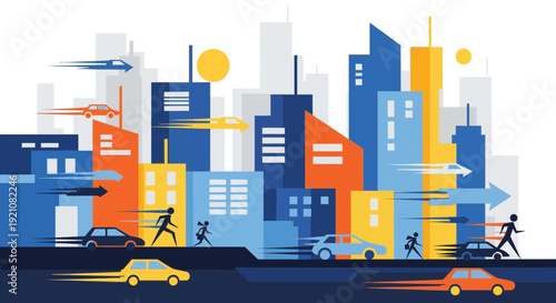 Cityscape illustration with running people and moving vehicles in urban setting
