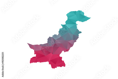 Pakistan Map - Polygon Style Vector Illustration in Teal and Red Gradient, Low Poly Geometric Design, Isolated on White Background for Infographics and Education.