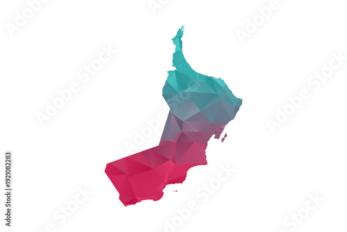 Oman Map - Polygon Style Vector Illustration in Teal and Red Gradient, Low Poly Geometric Design, Isolated on White Background for Infographics and Education.