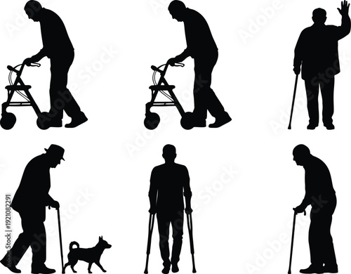 Elderly individuals and their pets engaging in daily activities with walking aids
