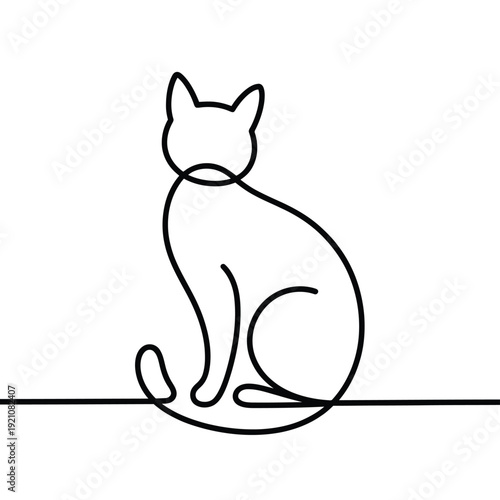 Simple black line of a cat sitting on a surface white line simple outline desig
