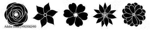 5 black floral silhouette icon collection. Includes rose, jasmine, cherry blossom, and chrysanthemum symbols. Created in solid black flat style with a monochrome palette. isolated PNG with