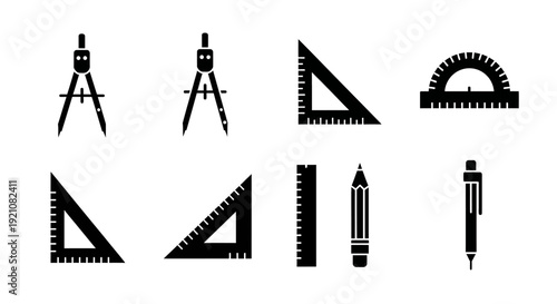 A set of black silhouette icons depicting various graphic resources and art supplies, including a compass, protractor, ruler, triangles, sharpener, pencils, and pen on a white background.