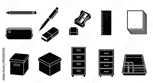 A collection of office supplies and stationery icons in black silhouette on a white background, including writing tools, paper products, and desk organizers.