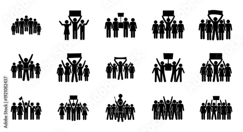Protest and demonstration glyph icon collection. Includes crowd, activist, strike, rally, picket, and march symbols. Created in solid black style with monochrome palette. isolated PNG with