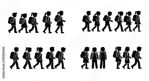 Silhouettes of people walking carrying bags in a repeating pattern