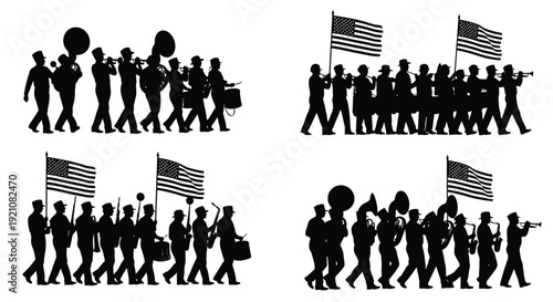 Silhouette of a marching band and flag bearers in a patriotic parade