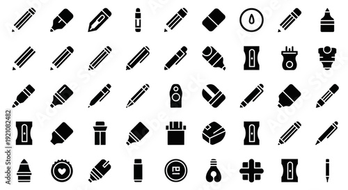 Collection of various stationery icons and office supplies in silhouette, including writing tools, paper products, and desk organizers on a clean white background.