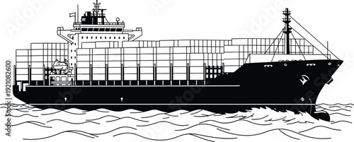 Black and white container ship vector illustration featuring cargo vessel with stacked shipping containers