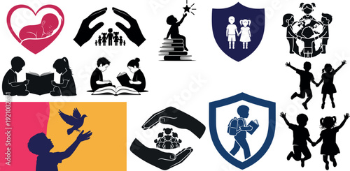 Save the Children Vector Bundle: Child Protection, Education, Safety & Welfare Silhouette Icons