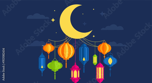 Ramadan Crescent Moon and Colorful Lanterns, Islamic Night Sky Illustration