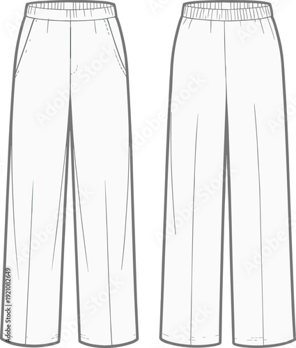 Cad drawing flat vector illustration of front and back view loose fit pants, fashion technical sketch, apparel design, clothing template