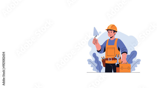 Skilled construction worker wearing a hard hat and tool belt while holding a masonry trowel and carrying a toolbox on a job site.