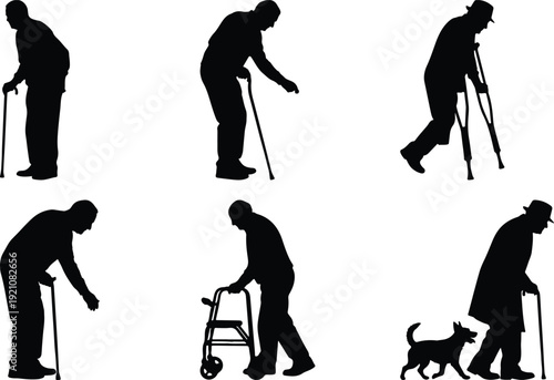 Silhouettes of elderly individuals using various mobility aids for support