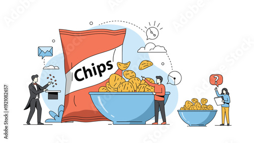 Imaginative scene with tiny people interacting with a giant bag of potato chips and large bowls for a fun food-related advertisement.