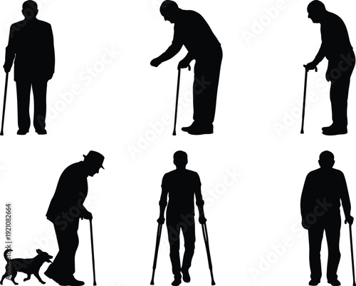 Various silhouettes of elderly individuals using mobility aids and assistance